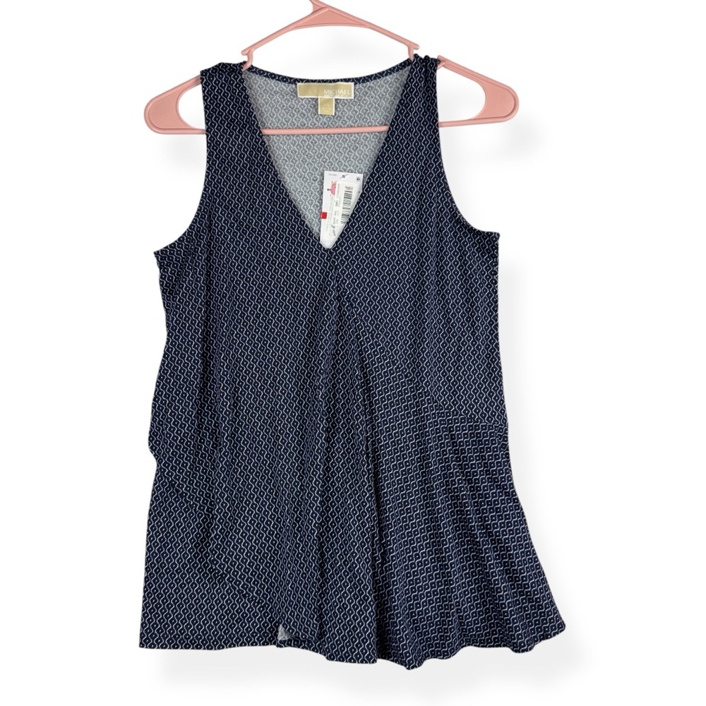 Michael Kors Sleeveless Top Womens XS Blue White Geo Flowy Front Stretch NWT